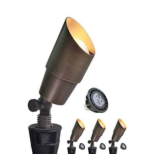 MALORY Brass Landscape Spotlight 4-Pack with Bulb(S01), Low Voltage 12V AC/DC LED Outdoor Landscape Lighting,PVC Ground Stake and Wire Connector Included, Garden Patio Trees Spot Uplight 4-P