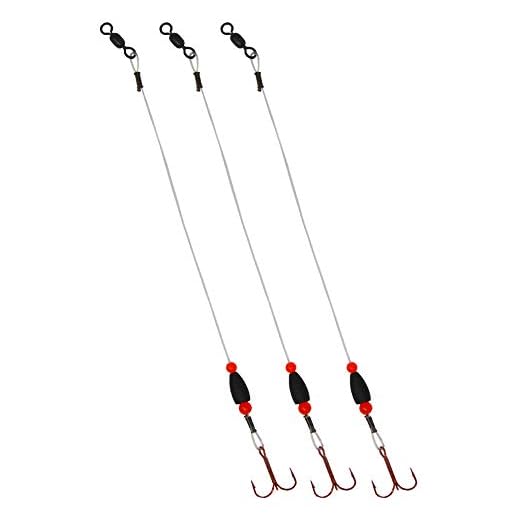 Tooth Shield Tackle Tungsten Weighted Fluorocarbon Ice Fishing Tip Up Leader/Rig (80 lb) / (1/8 oz) Ice Fishing Sucker Walleye Pike Musky Predator Rig (3 Pack) [Fluoro/Red Bead]