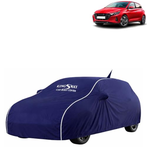 Image of KINGSWAY Super Waterproof Car Cover Only with Hyundai i20 (Year 2020 Onwards - All Model) | Mirror and Antenna Pockets | All Weather Car Body Cover with Silver Piping | Blue