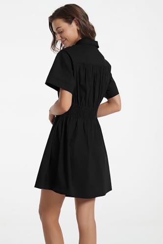 Image of D-Sun Women Casual Button Down Shirt Dress V-Neck Short Sleeve Tie Waist Mini Shirt A-Line Flowy Elegant Short Party Dress