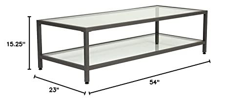 Studio Designs Home Camber Modern Rectangular Glass Coffee Table In Gray Pewter With Clear Glass, Living Room Coffee Table, 55", #TOP2