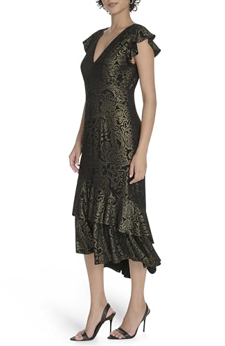 Image of Tommy Hilfiger Women's Flutter Sleeve V-Neck Ruffle Trim Hi-Lo Midi Dress