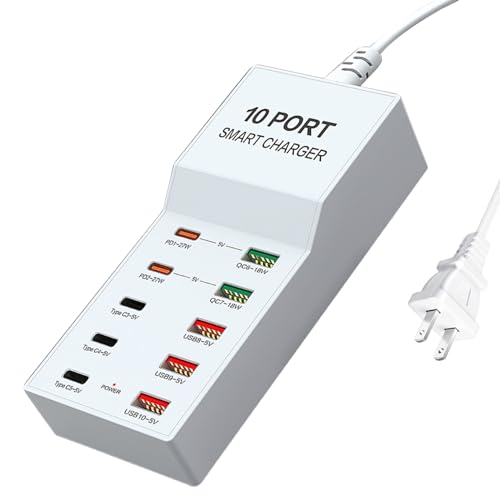 Estación de Carga USB, Cargador USB de 10 Puertos, Adaptador de Cargador múltiple USB C, Cargador rápido PD 30W, Compatible con iPhone iPad/Watch/Air Pods/Consola de Juegos