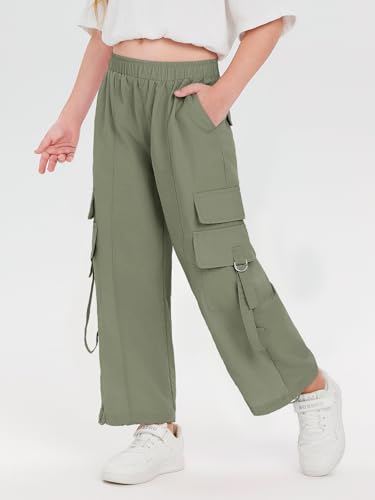 Image of Haloumoning Girls Parachute Pants Kids Wide Leg Cargo Pants Y2K Street Trousers with Pockets 5-14 Years