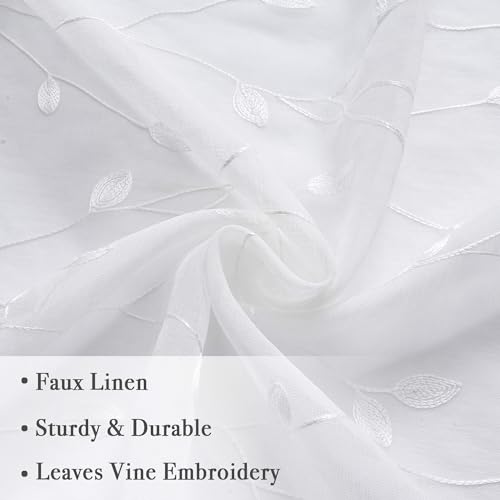 WUBODTI White Embroidered Leaf Sheer Curtains for Living Room 96 Inches Long 2 Panel Sets, Rod Pocket Light Filtering Window Curtains Faux Linen Floral Patterned Curtains for Bedroom Dining Room by WUBODTI - Image 5