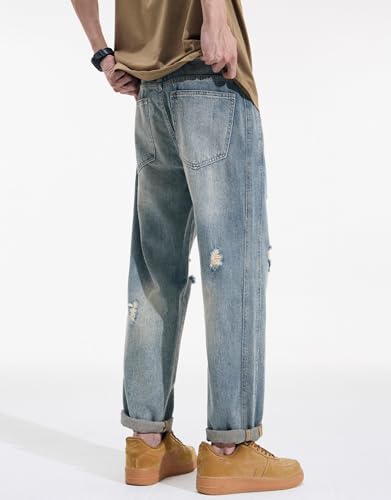 Men's Cotton Ripped Jeans Fashion High Waist Slim Fit Straight Casual Hole Raw Edges Plus Size Denim Pants3