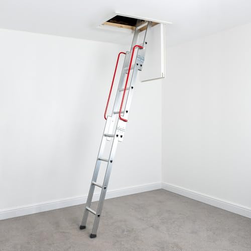 LOFT-TRAC Premium Aluminium Loft Ladder with Handrail & Dual Pivot Arms Smooth Sliding Attic Ladder with Extended Operating Pole Secure Red Safety Grips & Anti-Slip Rubber Feet 150kg Load Capacity