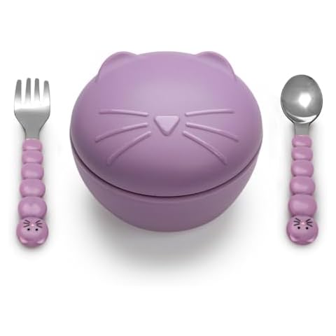 melii Silicone Bowl with Lid and Stainless Steel Utensils – BPA-Free, Leakproof Food Storage for Babies, Toddlers and Kids – 11.8 oz / 350 ml Snack Container – Dishwasher and Microwave Safe - Cat Cover