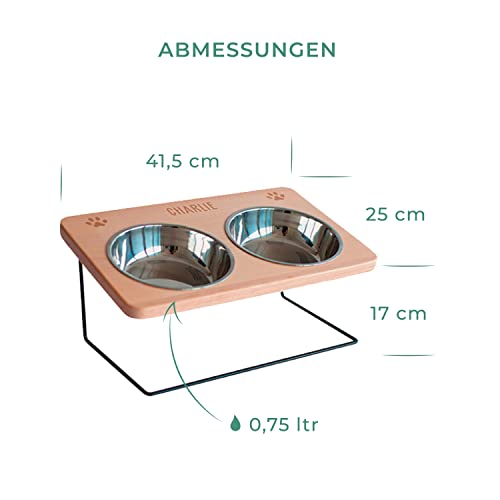 LAUBLUST Futterstation mit Name Personalisiert - Buche, 0,75 Liter (L) - Hundenapf erhöht - Hunde Zubehör - Napfunterlage Hund - Futternapf Katze