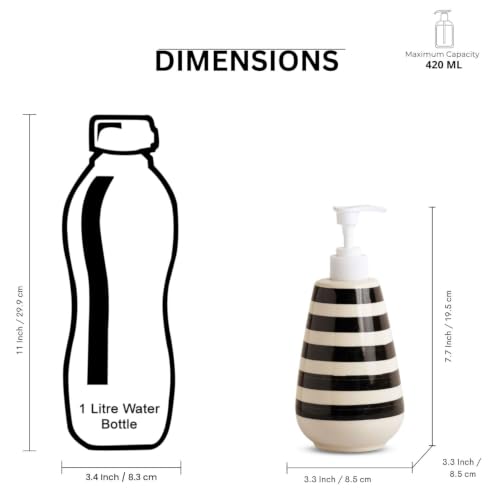 Image of ExclusiveLane 'Monochrome Lines' Hand-Painted Ceramic Bathroom Accessories Set of 2 (Liquid Soap Dispenser for Wash Basin, Paste & Toothbrush Holder) |Handwash Dispenser |Bathroom Organiser Set