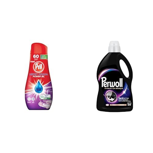 Pril Hepsi 1 Arada Jel Standart 60 Yıkama Bulaşık Deterjanı (1 x 1080g) ve Perwoll Yenileme Siyahlar için Sıvı Deterjan 54 Yıkama 2.97 Lt