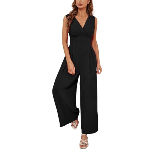 Générique Ensemble Femme Chic Et Elegant Tailleur Mariage Combinaison pour Soirée Été sans Manches Col en V Jumpsuit Jambe Large avec Poches...