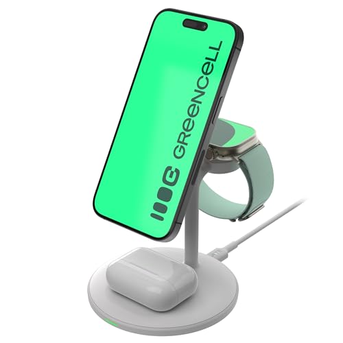Greencell MagScape Support de Charge inductif 3 en 1 MagSafe pour iPhone, Apple Watch, AirPods et Autres écouteurs sans Fil (Blanc)