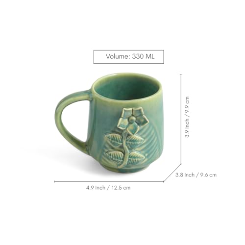 Image of ExclusiveLane 'Sage Serenity' Hand-Embossed Ceramic Coffee Mug Ceramic Mugs for Milk Chai Tea Cup (Set of 4, 330 ML, Microwave Safe)