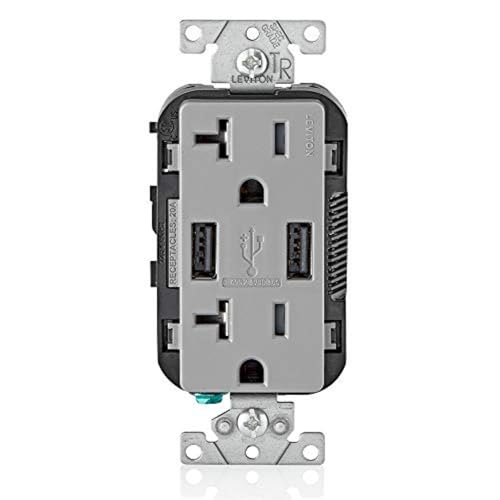 Image of Leviton T5832-G Type-A USB in-Wall Charger with 20A Tamper-Resistant Outlet, USB Charger for Smartphones, Gray