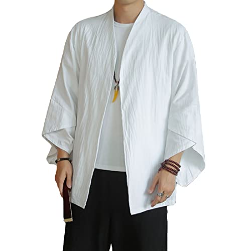 HZCX FASHION Men's Kimono Cardigan Lightweight Jackets Linen Haori Samurai Robe(White,S)