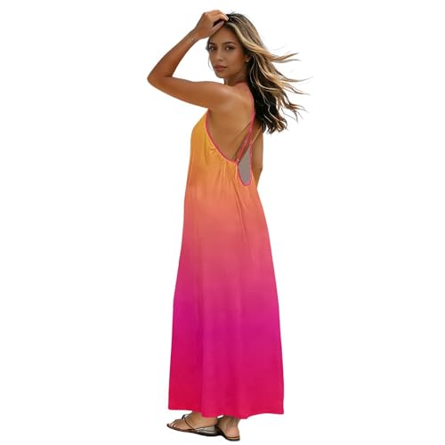 Robe d'été pour femmes dos nu dégradé orange rouge en coupe fluide fluide