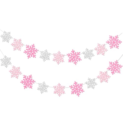 Gybeizhu 2Pack Pink Silver Snowflake Garland Winter Wonderland Decorations Glitter Snowflake Banner for Girl Baby Shower Decorations Birthday and Christmas Party Supplies No DIY.