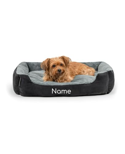lionto Hundebett mit Wendekissen und Rutschfester Unterseite, Heimtierkissen mit tiefem Einstieg für Hunde und Katzen jeden Alters, 75x60 cm, kuscheliges Hundekissen, schwarz/grau (Namensaufdruck)