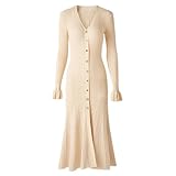 Vestido largo de seda dorada de punto con dobladillo grande para mujer, beige, M