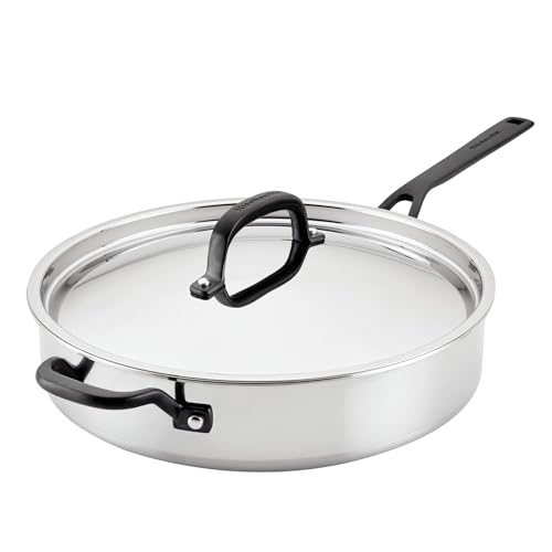 KitchenAid 5-Ply Clad Stainless Steel Stainless Steel Induction Saute Pan with Lid, 5 Quart - Polished Stainless Steel by KitchenAid - Used condition - US$108.11