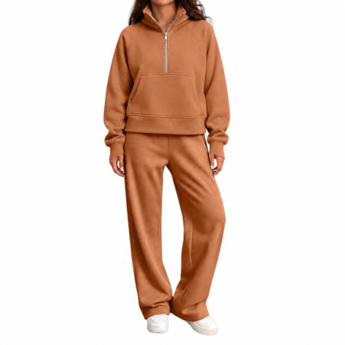 Womens Sweat Suits 2 Piece Set Stand Collar Fleece Stretchy Waist Tops - image 2