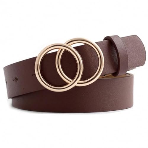 JILLICK Dark Brown Matte Leather Womens Belt with Gold Double-Ring Buckle - Adjustable Skinny Strap for Jeans, Dresses, High-Waist Trousers and Skirts, Versatile Fashion Accessory