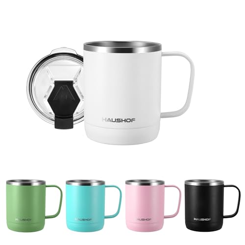 HAUSHOF ステンレスマグカップ 真空断熱コーヒーカップ ふた付き 300ml 保温・保冷カップ 二重構造 携帯マグ タンブラー マグボトル コンビニマグ アウトドア 釣り 遠足 登山 キャンプ 【ホワイト】