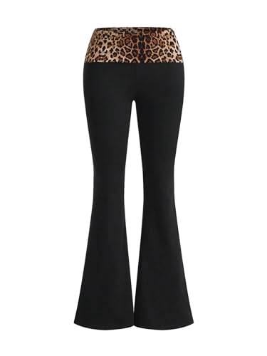 Floerns Women's High Waist Elastic Leopard Patched Leggings Flare Leg Pants