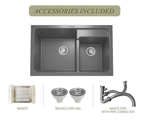 Image of EVANEX Quartz Kitchen Sink | 31x18x9 Inch Double Bowl Sink for Kitchen | Granite Topmount /Undermount Kitchen Sinks | Grey Double Sink with Connector, Waste Pipe, Coupling and Drain Basket