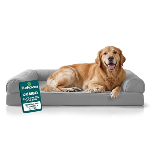 Image of FurHaven Cooling Gel Dog Bed for Large Dogs, L-Shaped Chaise with Cool Gel-Top Foam with a Solid Orthopedic Foam Base for Joint Support, Removable Washable Cover, Jumbo XL, Plush & Suede, Stone Gray