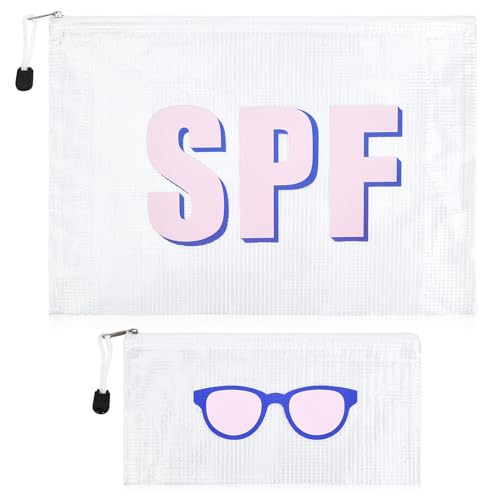 2PCS SPF Makeup Bag Clear Zippered SPF Bag Cosmetic Pouch Waterproof Travel Toiletry Organizer for Women Varsity Letter Patch Beach Pool Essentials