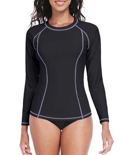 ATTRACO UPF 50+ Rash Guard for Women Long Sleeve Rash Vest Quick Dry Beach Swim Shirt Black M