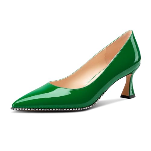 Image of TNYNFBEB Womens Mid Kitten Heel Pointed Toe Pumps Slip-on Silver Beaded Prom Party Dress Patent Leather 2.6 Inches Heels