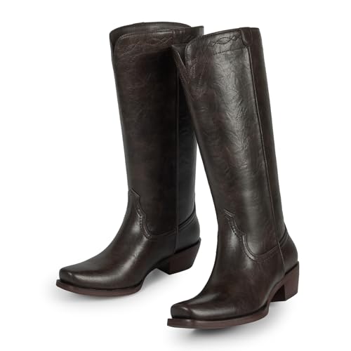 Image of wetkiss Women's Pointed Toe Cowboy Boots | Knee High Cowgirl Boots, Retro Embroidery, Chunky Heel, Pull-On, Style for a Classic Western Look,Stable and Comfortable