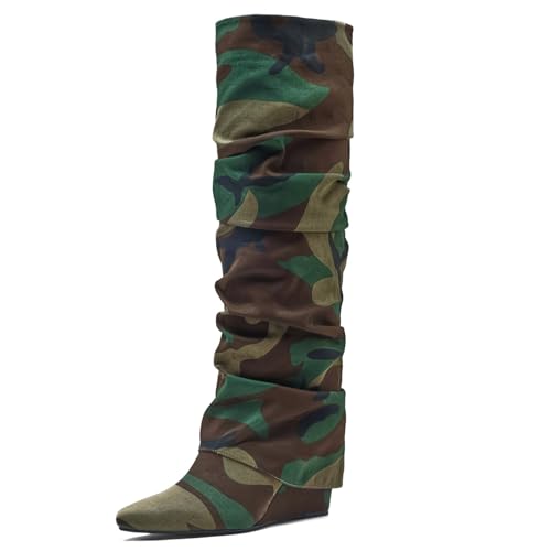 Fold Over Boots for Women Slouched Wedge Heels Knee High Pointed Toe