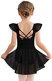 MdnMd Girls Dance Ballet Leotards Dresses for Toddler Ballerina Outfit Skirt Hollow Knot Back Flutter Sleeve (Black, 4-6 Years)