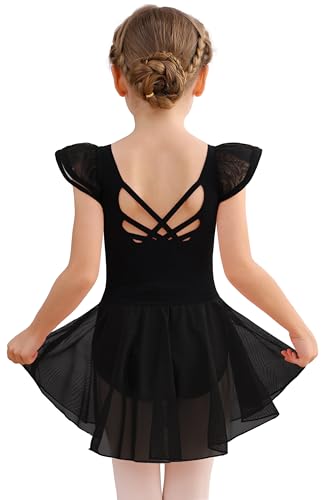 MdnMd Girls Dance Dress Ballet Leotards Dresses for Toddler Ballerina Outfit Skirt Hollow Knot Back Flutter Sleeve Dress (Black 4-6 Years)