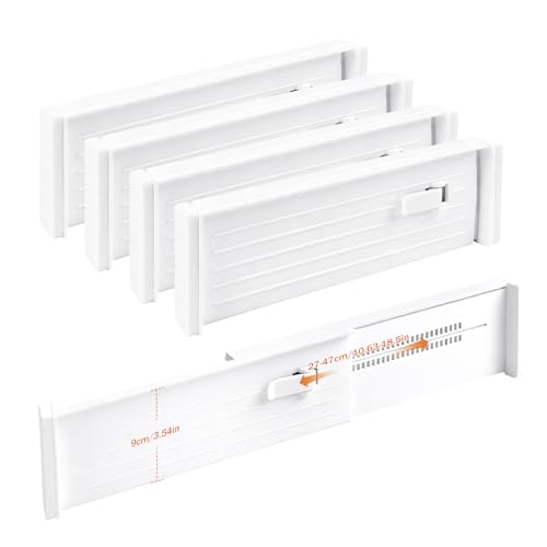 Koxtyzo 4 Piezas Separadores de Cajones Ajustables, para Ancho 27-47cm Altura 9 cm, Separador Cajones Ajustable de Plástico Organizador para Baño Cocina Oficina Tocador Armario