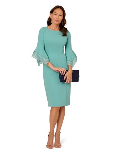 Image of Adrianna Papell Stretch Knit Crepe Sheath Dress with Tiered Organza Bell Sleeve