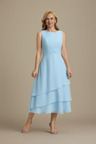 Basgute Women's 2 Piece Tea Length Mother of The Bride Dresses with Jacket 2025 Chiffon Pleated Formal Evening Gown3