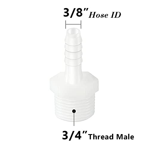 Quickun Plastic Hose Barb Fitting, 3/8 Barb To 3/4 Male Thread White Adapter