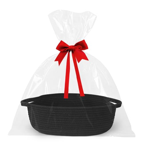 WILLITAT Small Baskets for Gifts Empty 13x 9x 5 Woven Gift Basket with Bag and Ribbon Cotton Rope Kids Dog Cat Toy Bin Box Cute Baby Nursery Organizer Decorative Storage with Handles (Black)