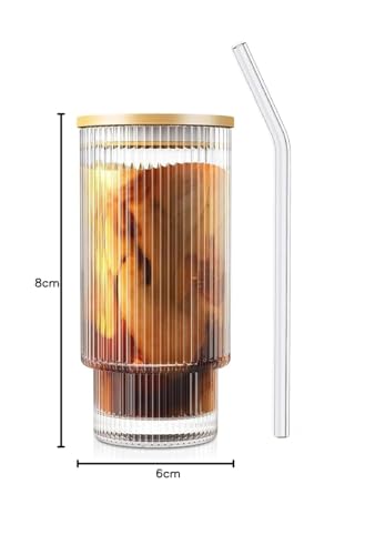 Image of 400ml Glass Sipper Mug with Leather Grip Sleeve - Leak-Proof Lid & Straw | Reusable Tumbler for Hot & Cold Beverages, Water, Juice, Coffee | Home, Bar, Office Use (Ribbed Mug)