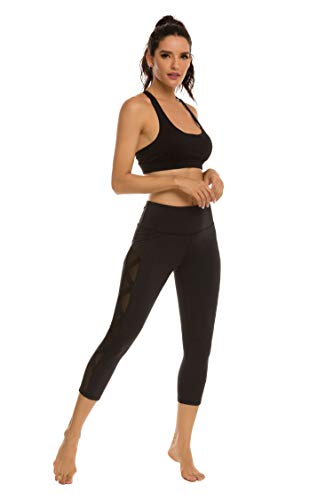 romansong Women's Mesh Leggings Yoga Pants with Pocket, Non See-Through Capri High Waisted Tummy Control 4 Way Stretch