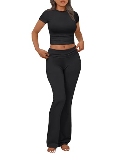 Trendy Queen Lounge-Sets für Damen, 2-teilig, lässig, Y2K, kurzärmelig, bauchfreies Oberteil, umklappbare Schlaghose, Anzug, zweiteilig, Schwarz, M