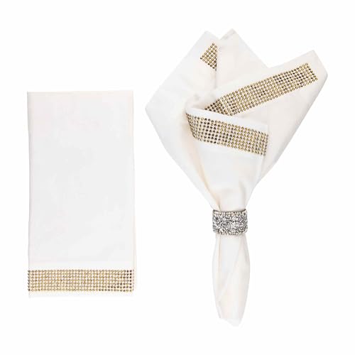 Stripe Napkin, Machine Washable Cloth, Sparkling Rhinestones Bonded to Linen Blend, for Formal Dining Table Setting, Event, Wedding, White & Gold, 20