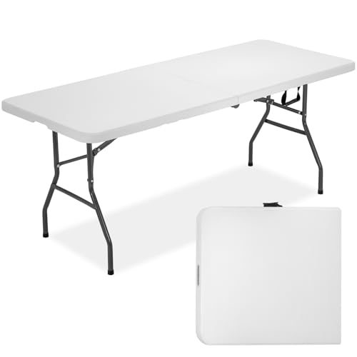 FDW 6 Foot Outdoor Dining Table, Foldable Portable Rectangular Plastic Folding Table with Built in Carrying Handle for Party and Wedding Use, White