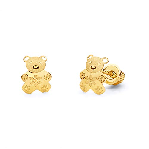 14k REAL Yellow Gold Bear Stud Earrings with Screw Back