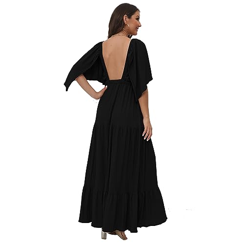 Image of SUNNOW Women's Plus Size Summer Maxi Dress Flowy Loose Fit V-Neck Tiered Ruffle Sleeve Boho Beach Dress